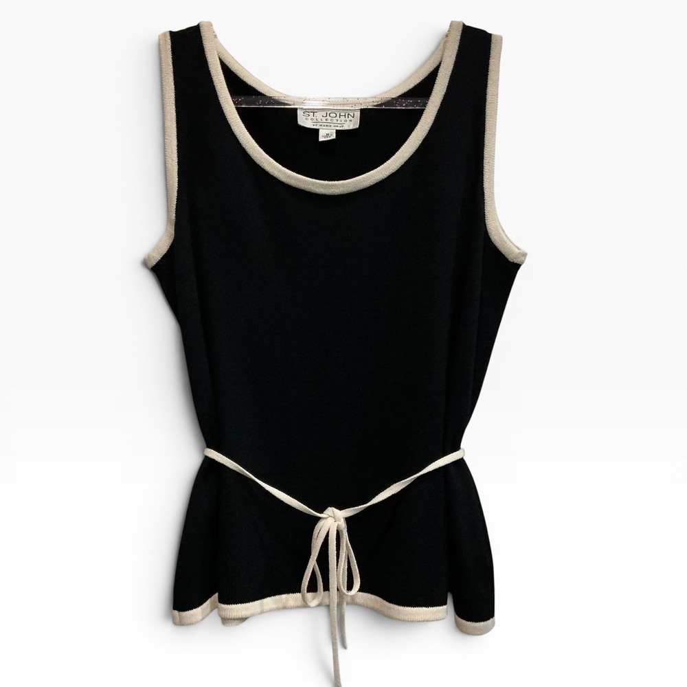 Vintage St. John Santana Knit Tank Sweater Black Ivory Contrast Trim Womens M